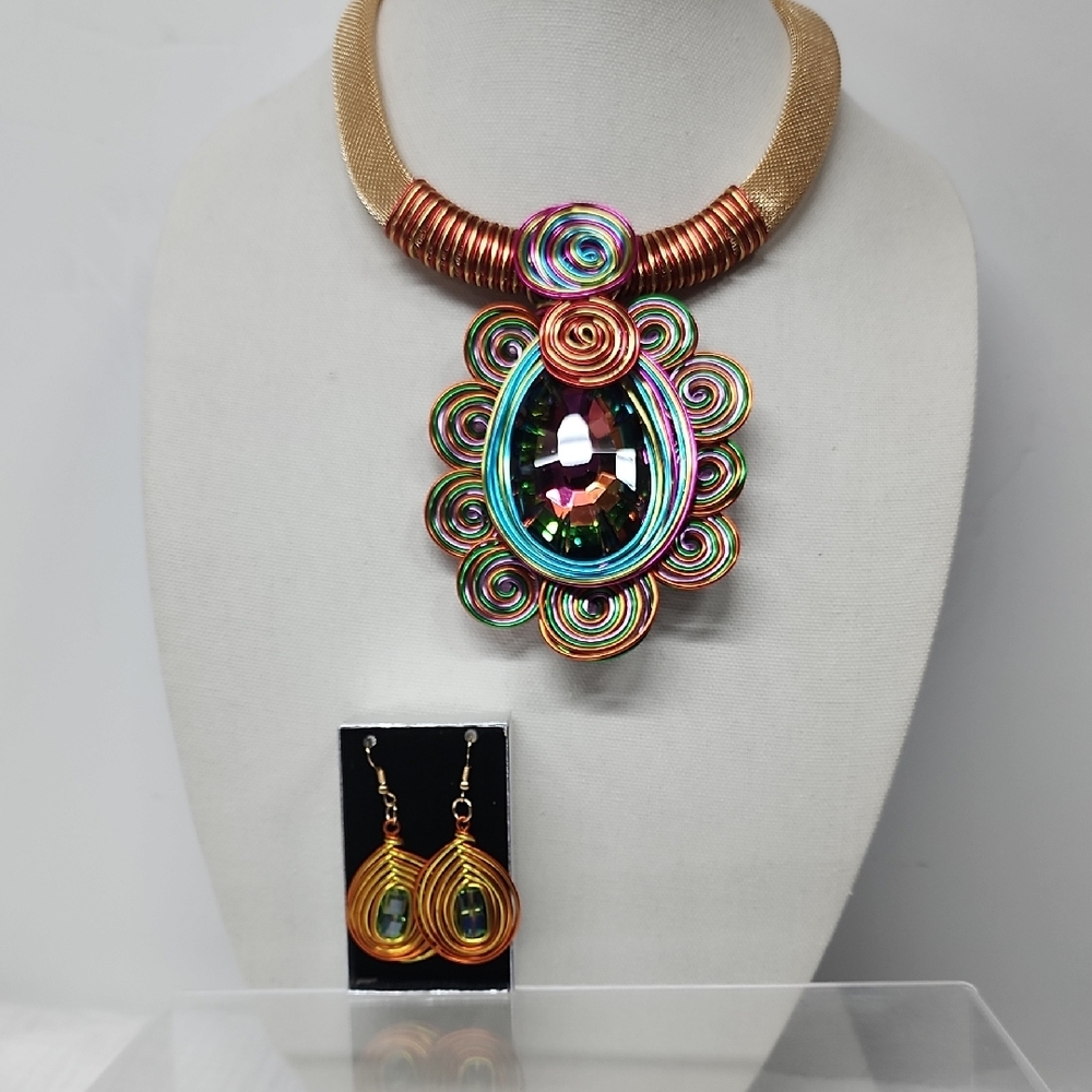 Multicolor Wire Wrapped Statement Necklace And Ea… - image 1